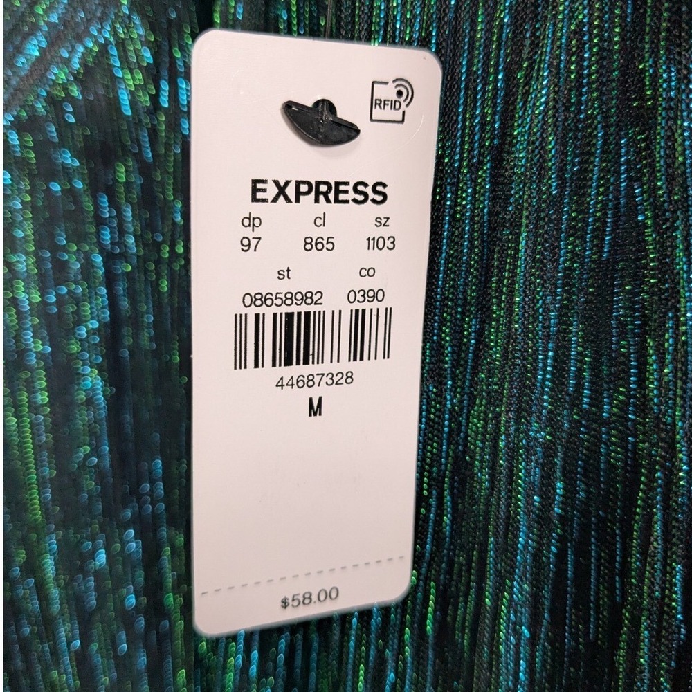 Express Womens Babydoll Bishop Sleeve Top sz M Blue/Green Mermaid Club Sheer Slv